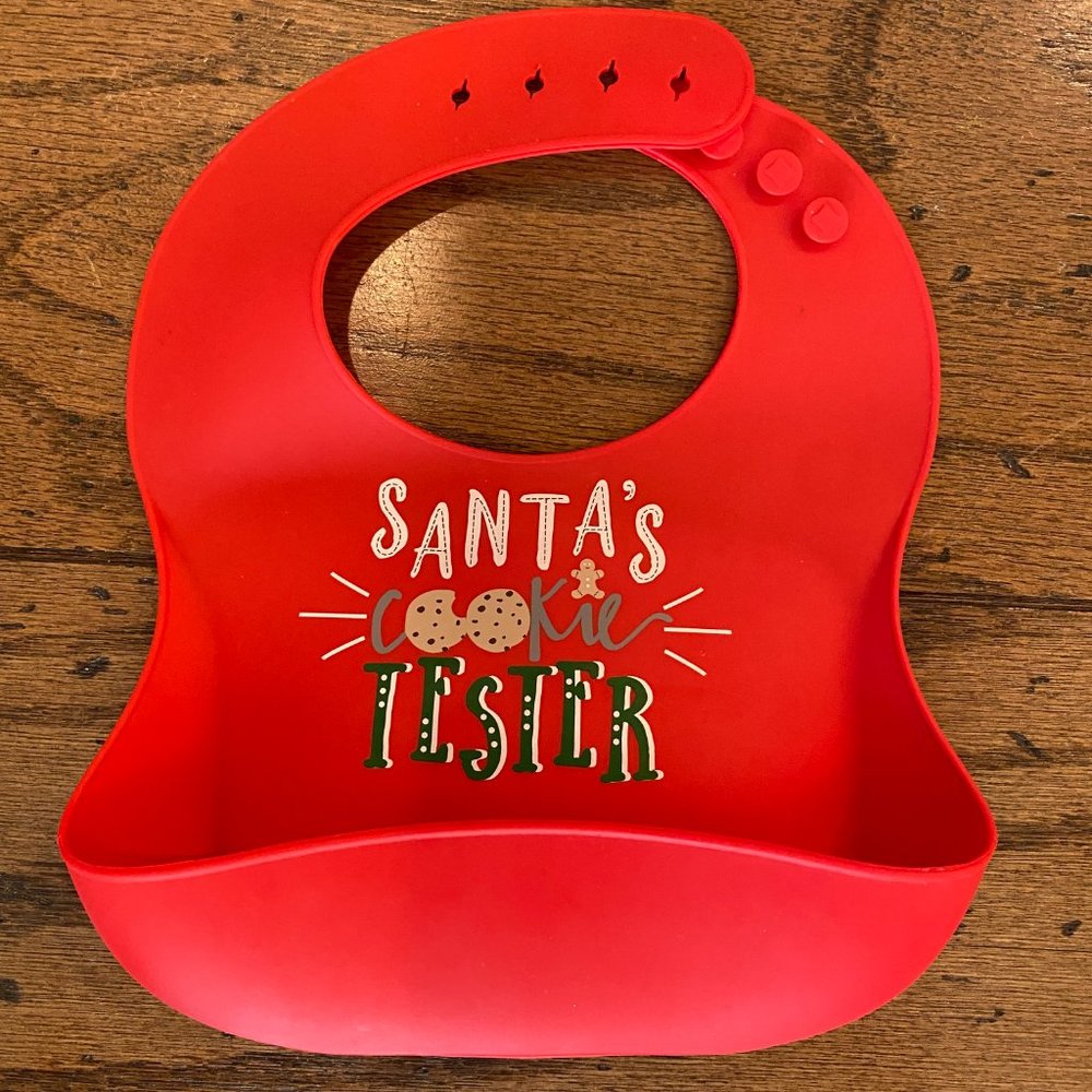 Mud Pie Santa's Cookie Tester Red Silicone Bib with Lip
